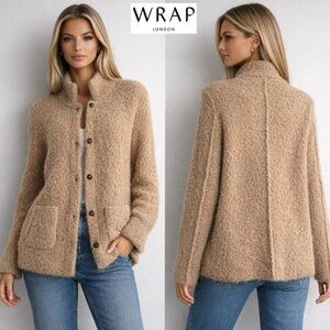 Wrap London Alpaca Bouclé Cardigan Jacket Camel Textured Cozy Minimalist US 12
